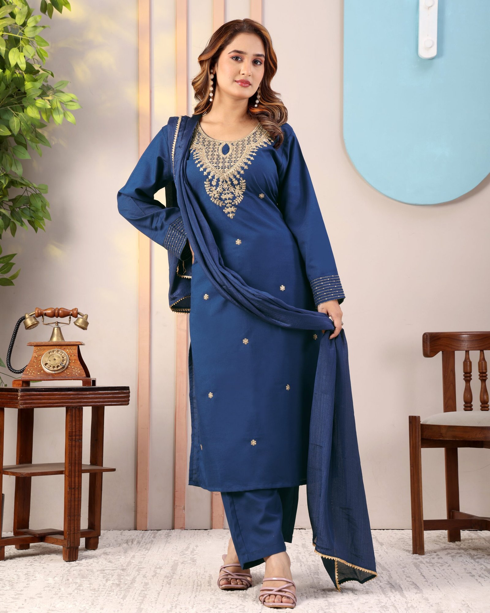 Elegant Navy Blue Embroidered Kurta Set with Dupatta for Women - Image 5