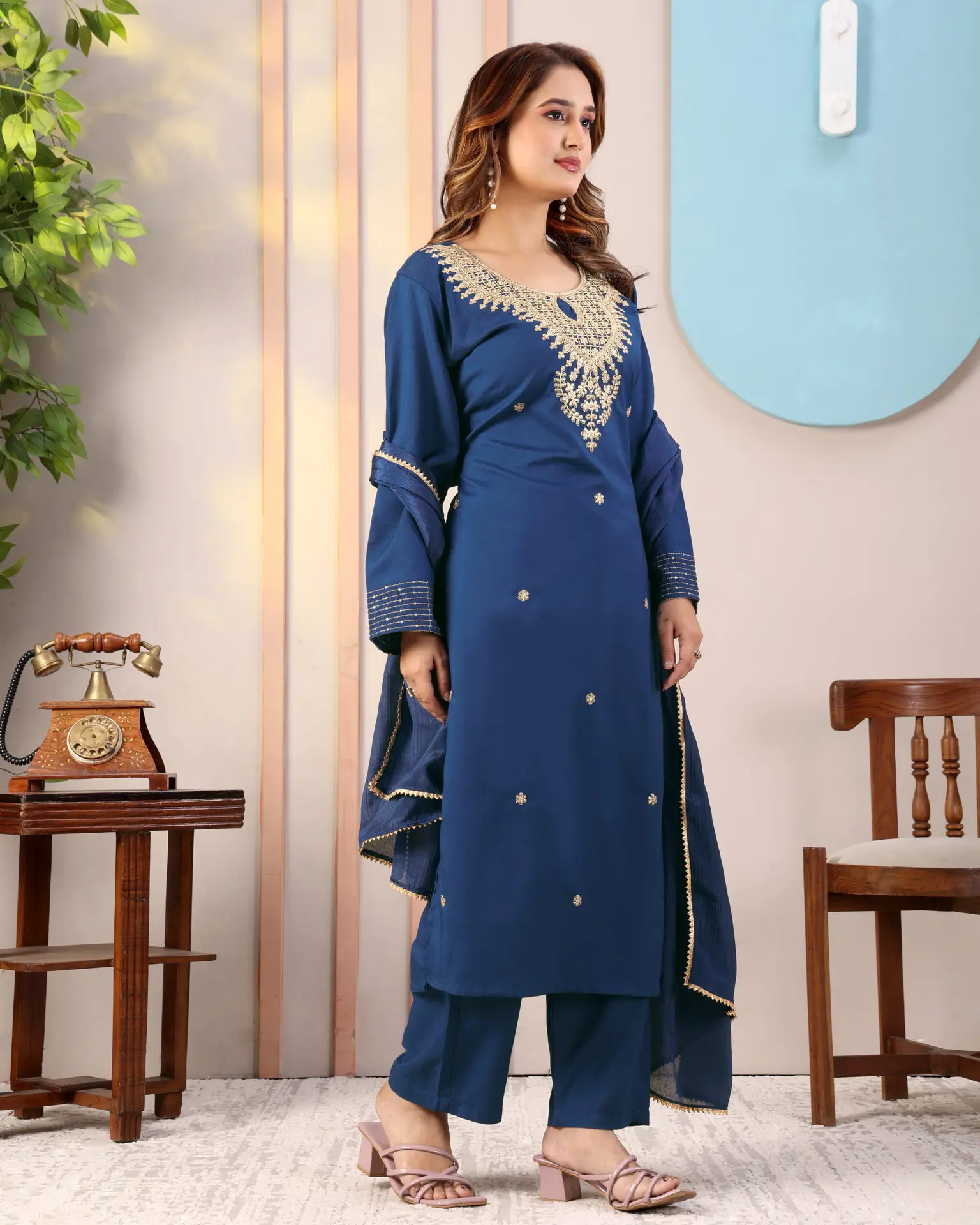 Elegant Navy Blue Embroidered Kurta Set with Dupatta for Women - Image 4