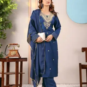 Elegant Navy Blue Embroidered Kurta Set with Dupatta for Women