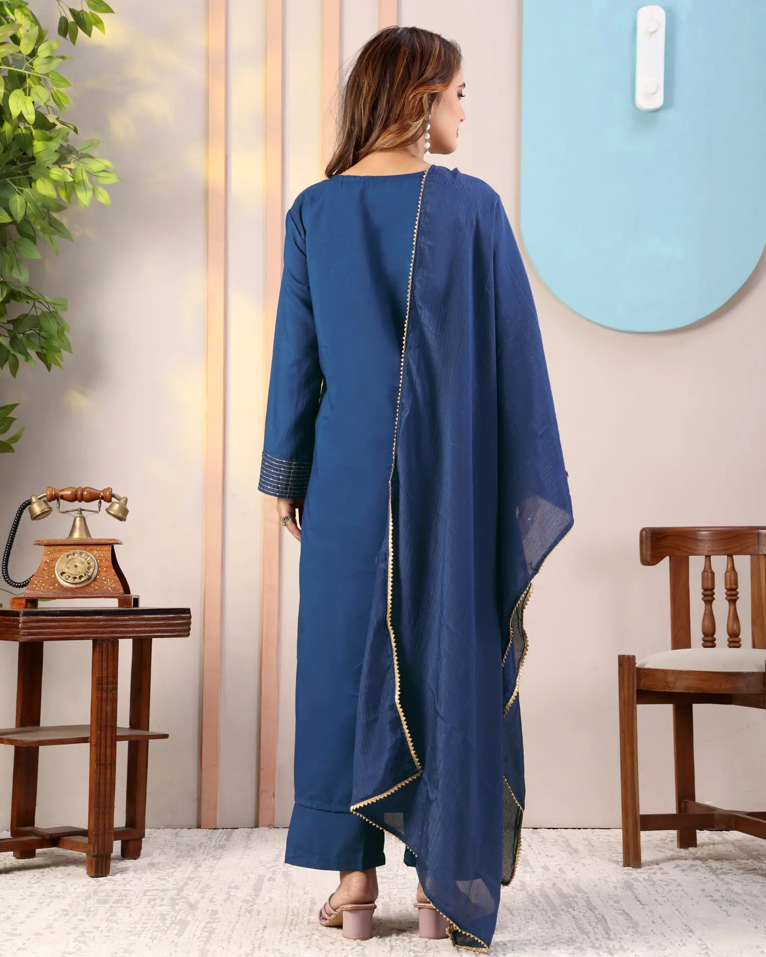 Elegant Navy Blue Embroidered Kurta Set with Dupatta for Women - Image 6