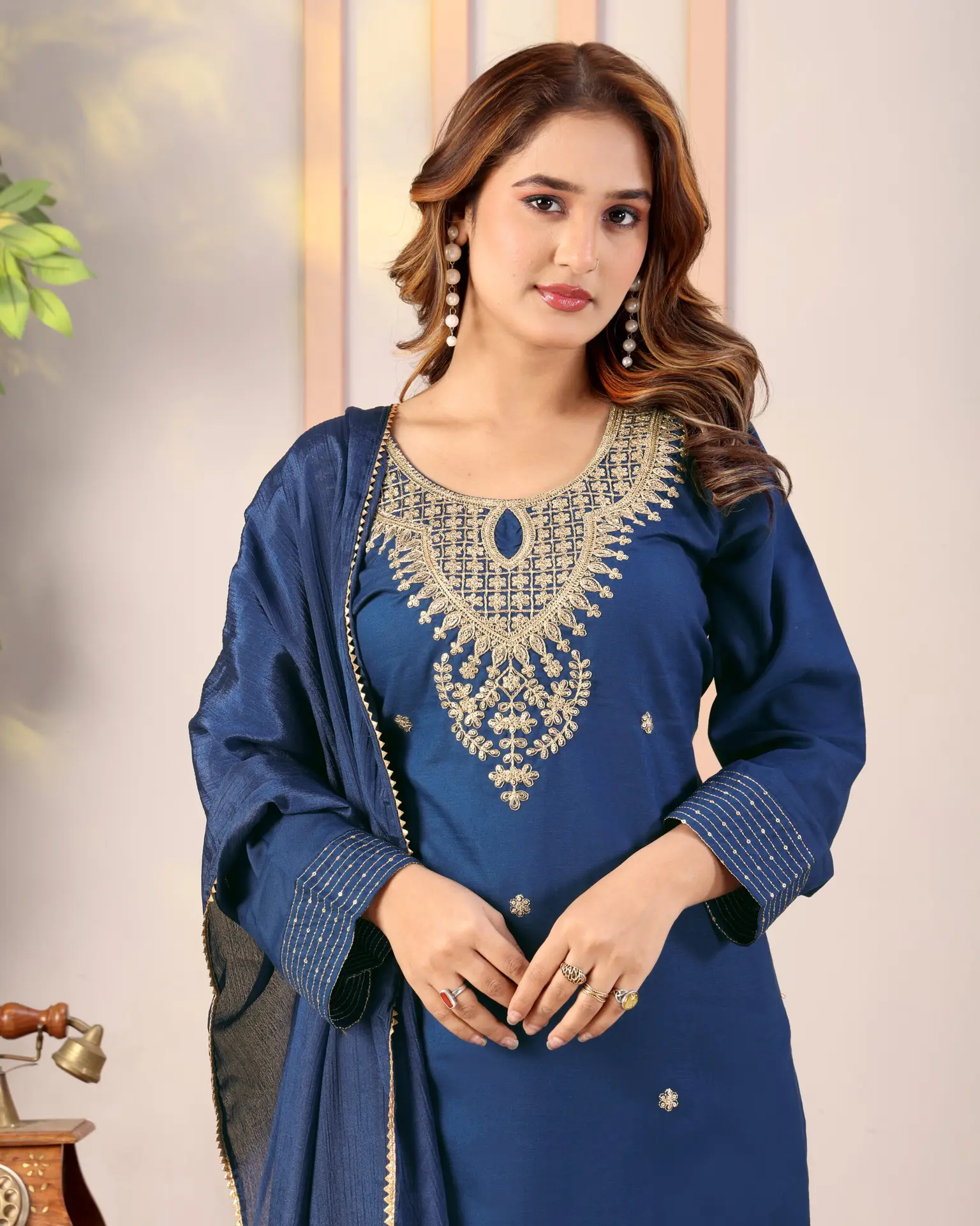 Elegant Navy Blue Embroidered Kurta Set with Dupatta for Women - Image 2