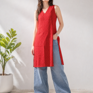 Women’s Sleeveless A-Line Kurti with Side Slit | V-Neck Printed Straight Kurta | Casual & Office Wear Long Top